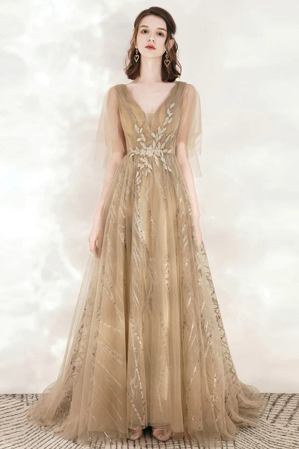 Champagne V-Neck Tulle Sequins Long Prom Dress A-Line Party Dress